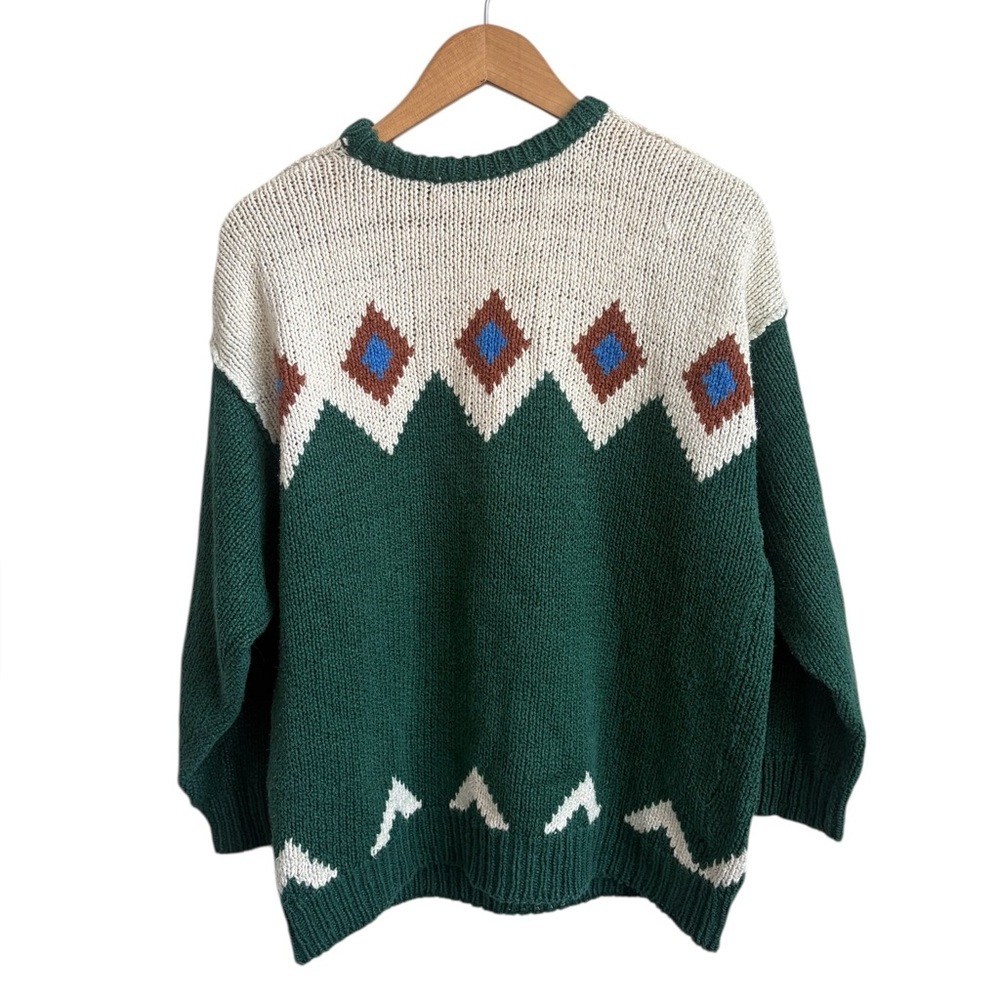 Vintage Liz Wear  Knit Sweater Green Cream  100% Cotton  Size Medium